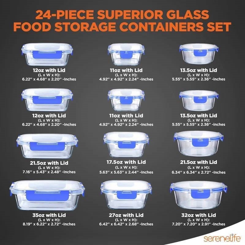 24-Piece Glass Food Storage Container Bakeware Set with Snap Locking Lids